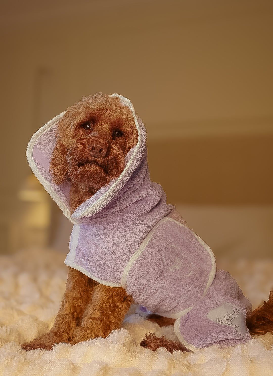 Dog - English Bulldog - puppy dressed up in pink dressing gown with ice  pack / cold compress & painted nails. - SuperStock
